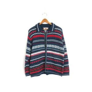 Tiara International Cardigan Sweater Blue/Red Vintage hearts Holiday Medium